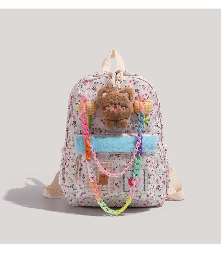 碎花小熊挂件双肩包 少女心可爱学生背包大容量休闲书包