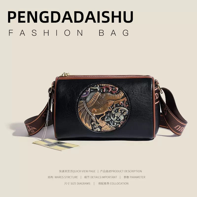 复古吉祥大象浮雕圆筒包 软皮百搭单肩斜挎包