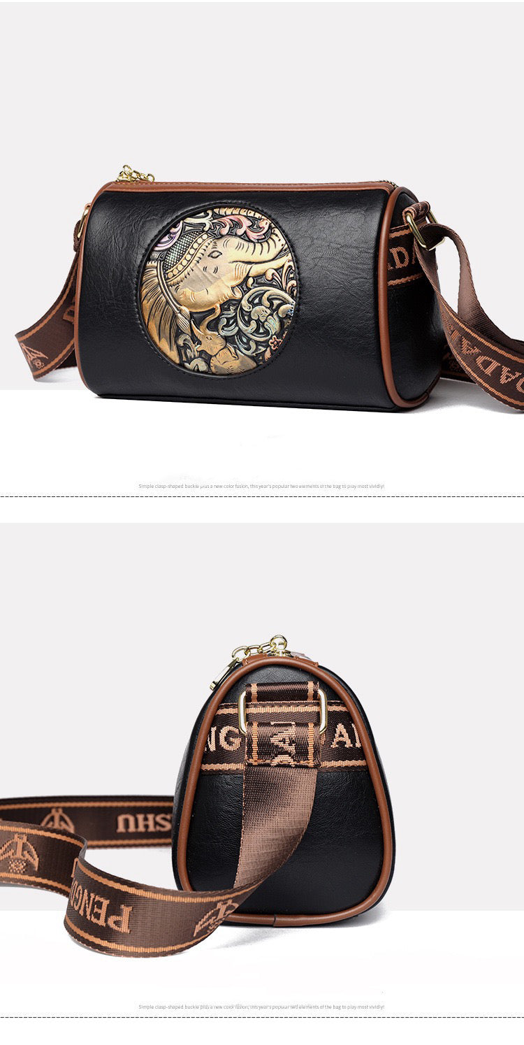 复古吉祥大象浮雕圆筒包 软皮百搭单肩斜挎包