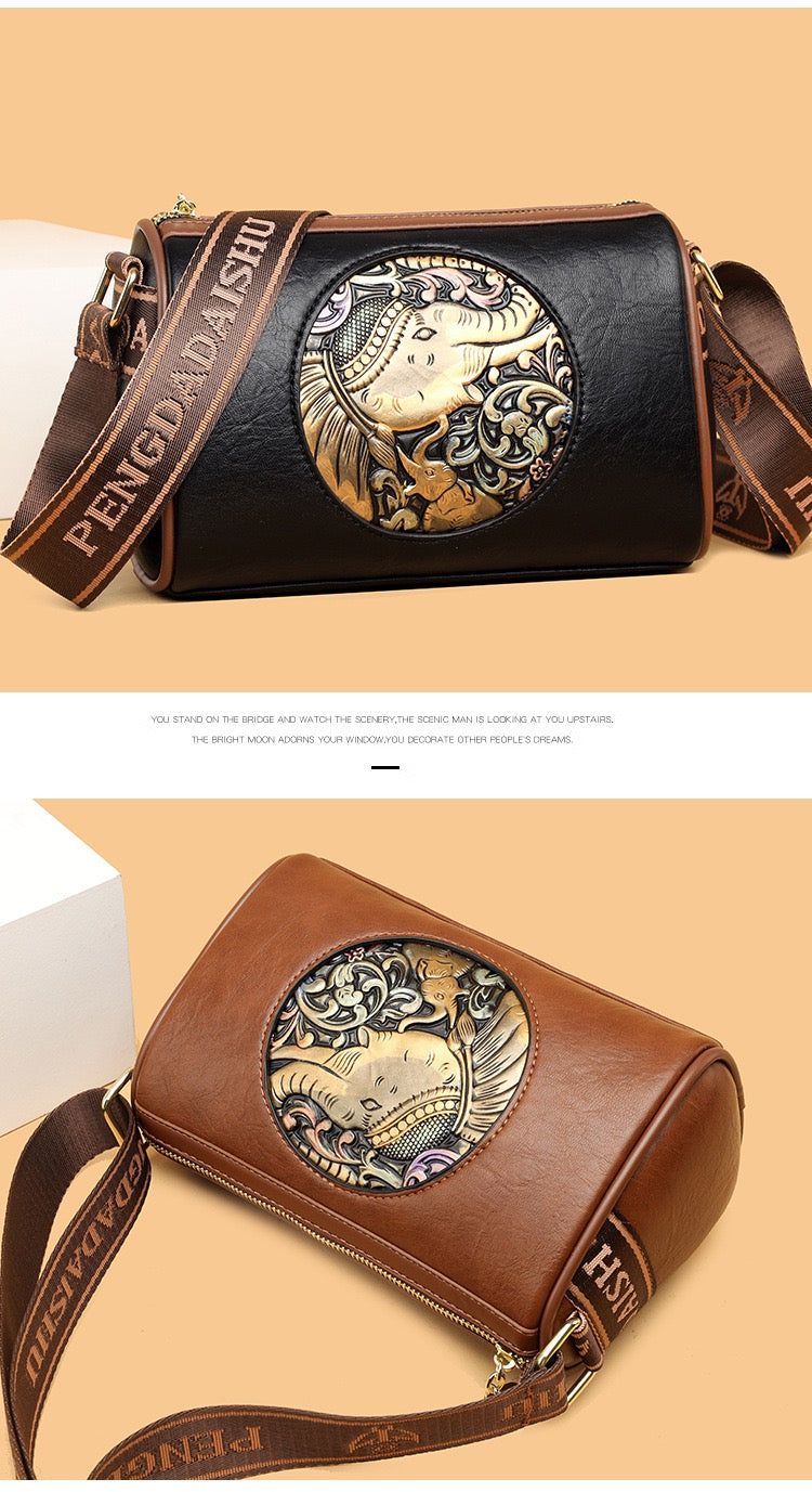 复古吉祥大象浮雕圆筒包 软皮百搭单肩斜挎包