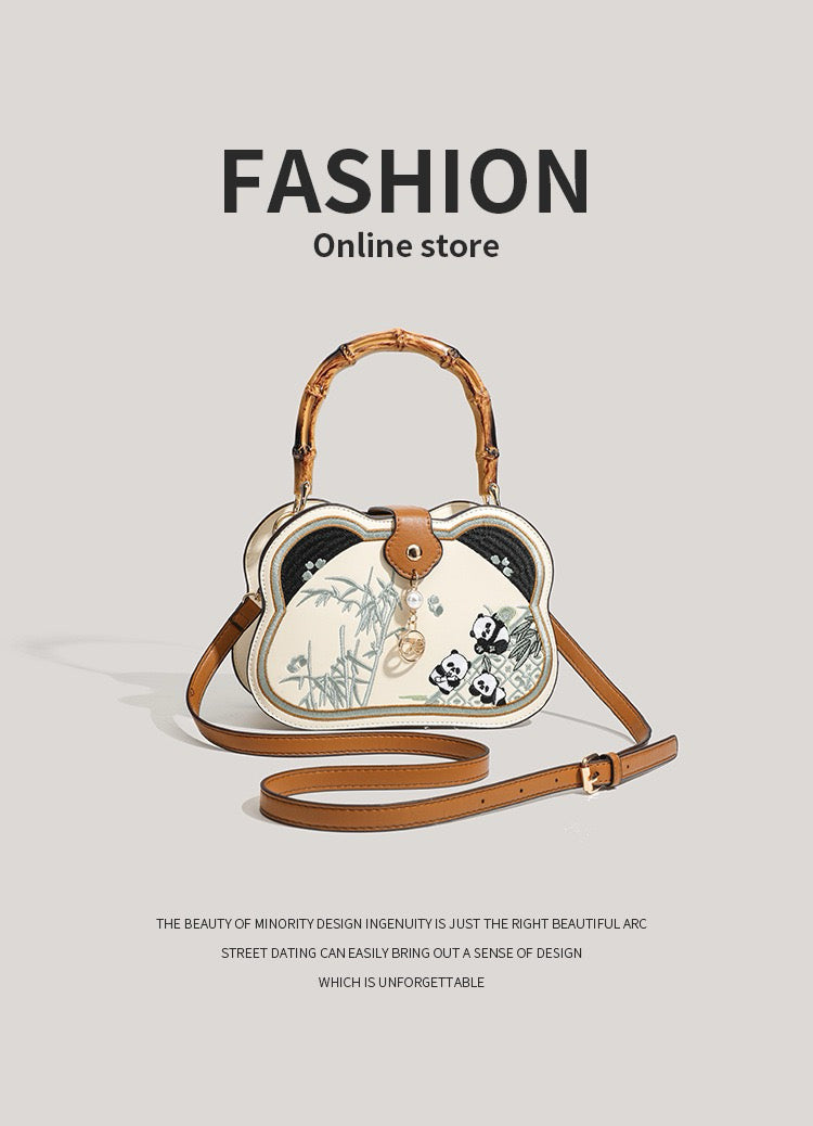 新中式熊猫刺绣竹节包 国风手提斜挎包