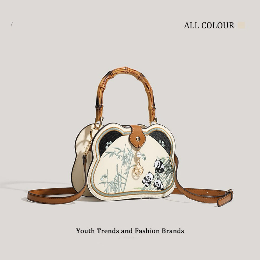 新中式熊猫刺绣竹节包 国风手提斜挎包