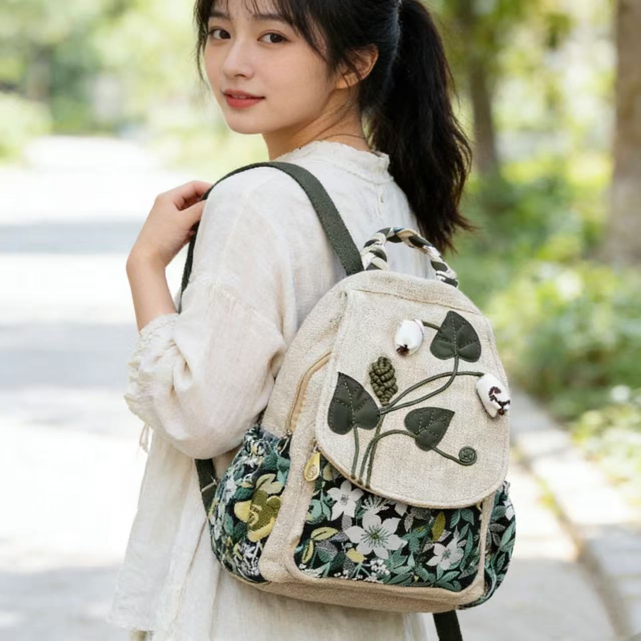 Chinese Intangible Cultural Heritage Craft Ethnic Style Cotton and Linen Backpack