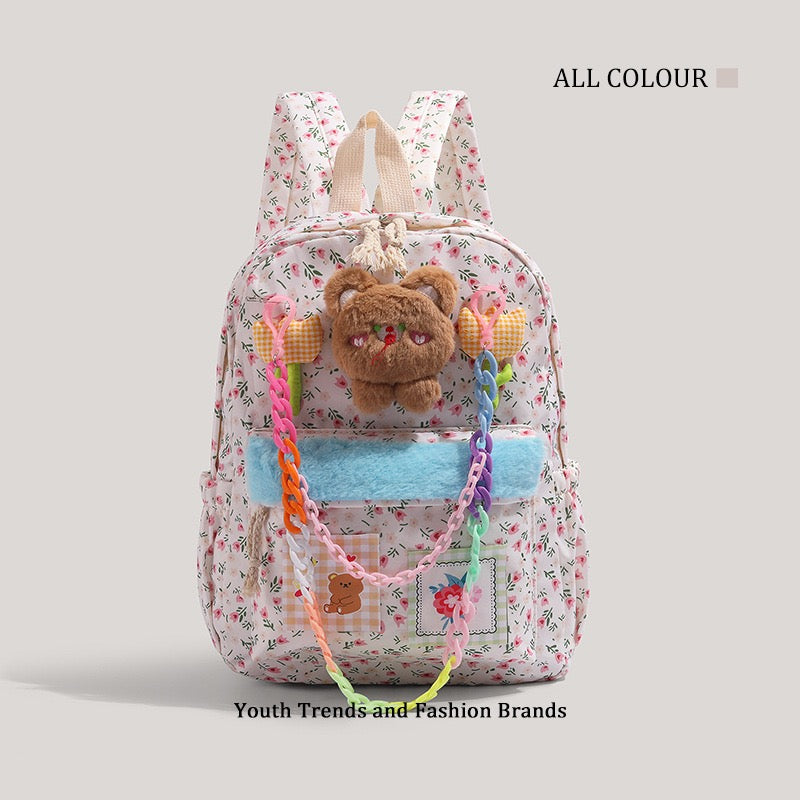 碎花小熊挂件双肩包 少女心可爱学生背包大容量休闲书包