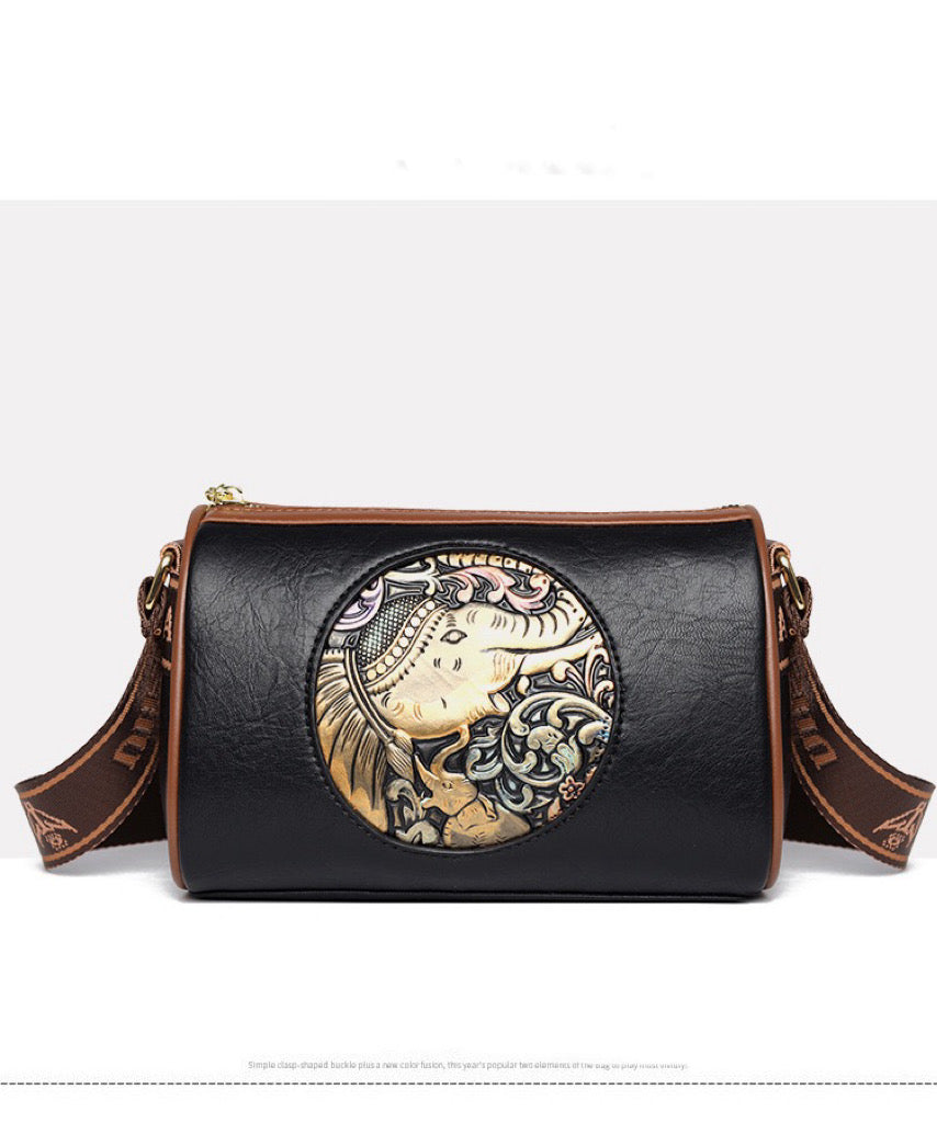 复古吉祥大象浮雕圆筒包 软皮百搭单肩斜挎包