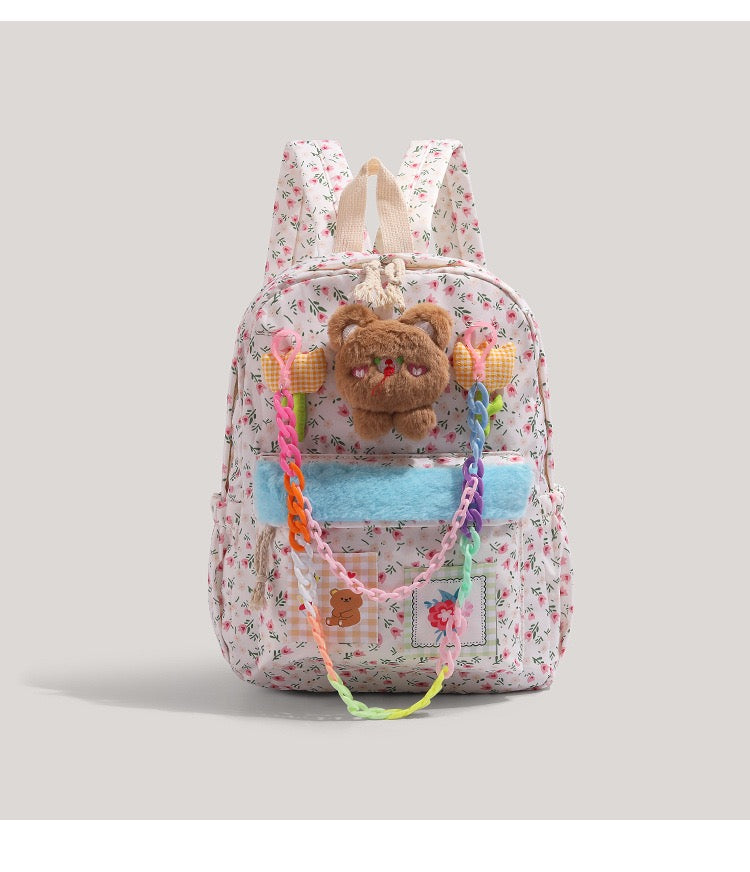 碎花小熊挂件双肩包 少女心可爱学生背包大容量休闲书包